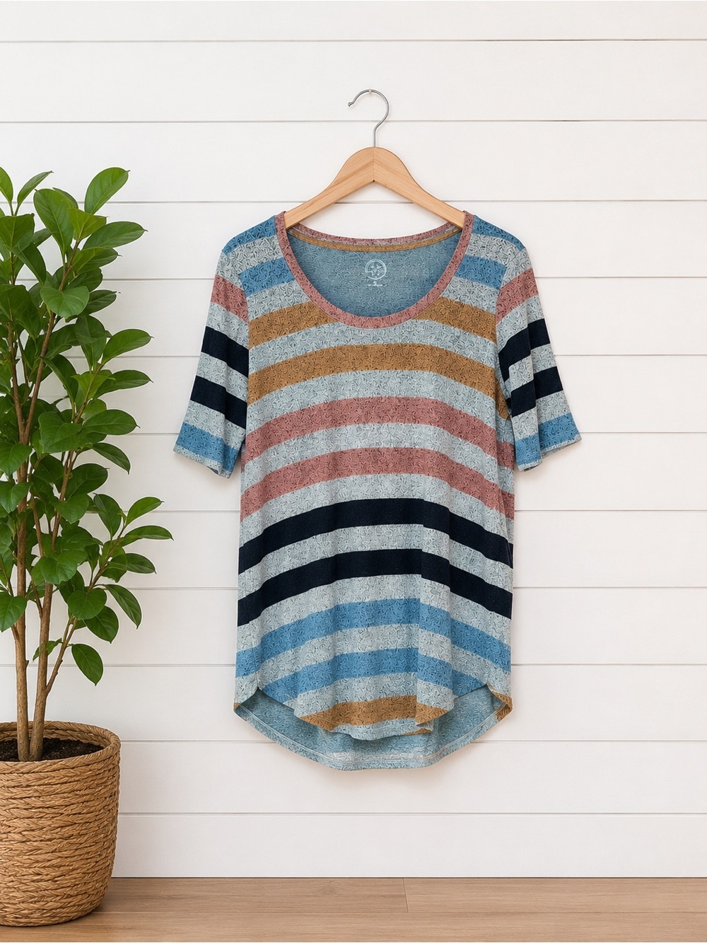 Maurices‎ Multi-Striped Scoop Neck Tee in Blue, Pink, Tan, Black